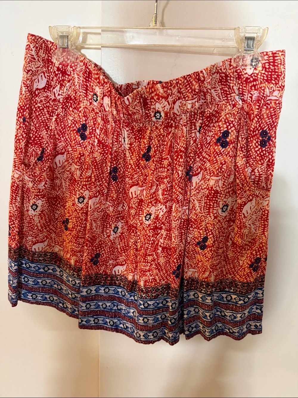 CAbi Red Printed Mini Skirt with Navy Border with pockets and roushed waistband